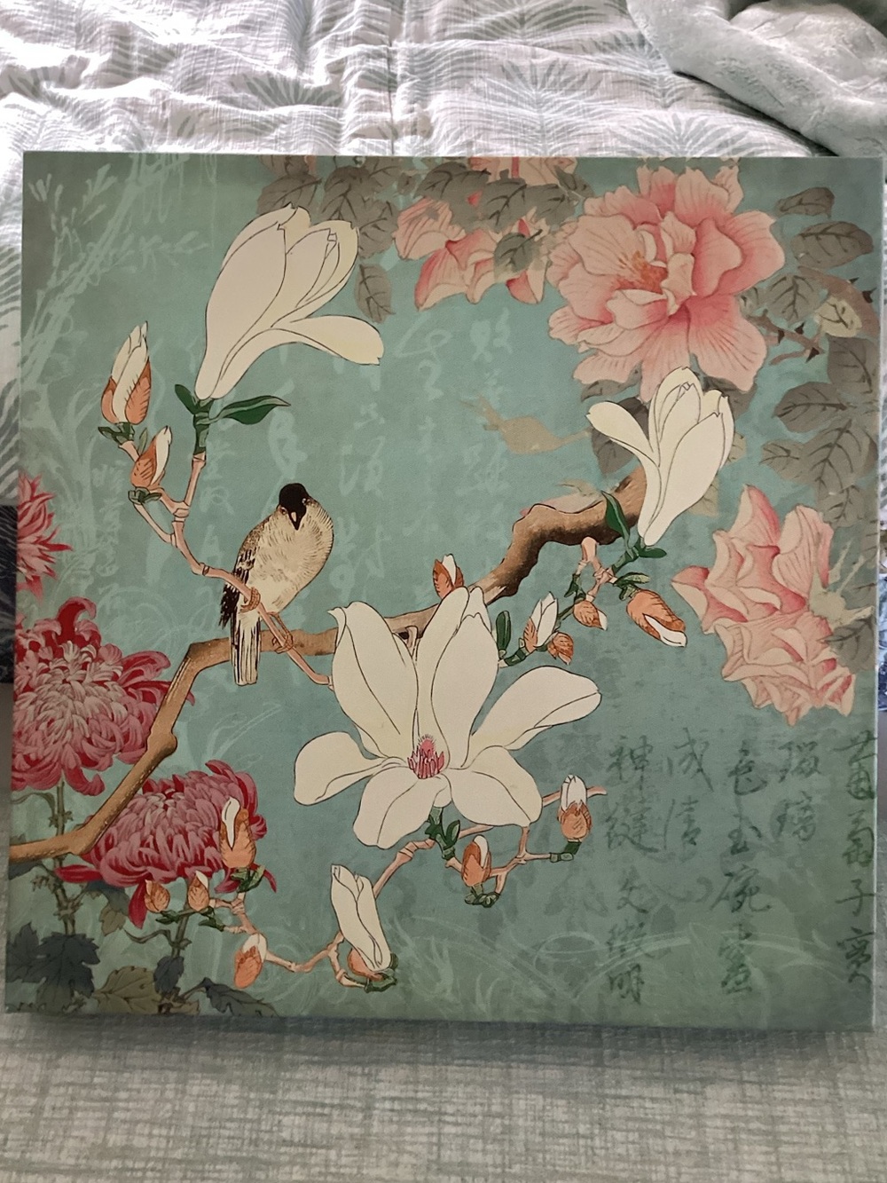 Floral Bird Canvas Wall Art in Teal and Pink